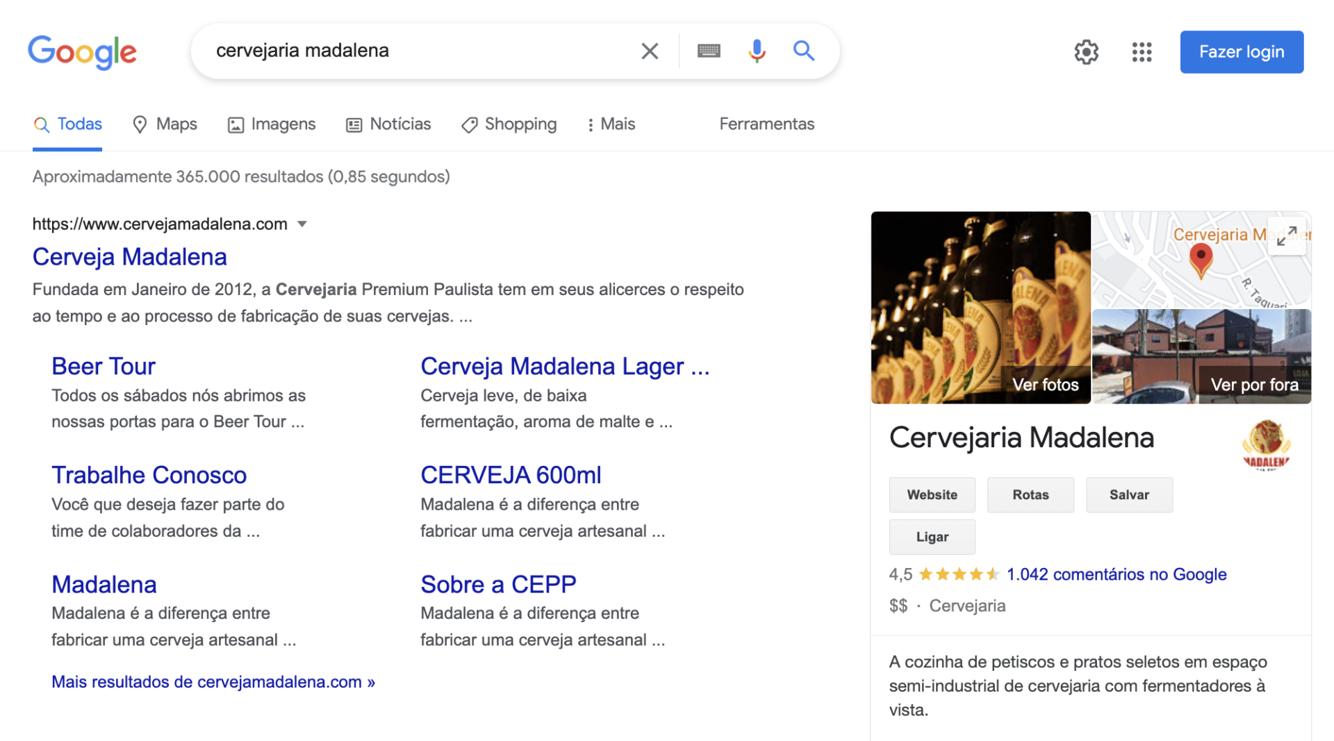 Perfil oficial da Cervejaria Madalena no Google Meu Negócio à direita.